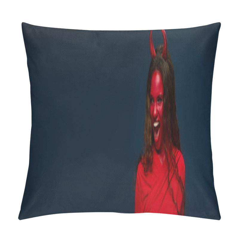 Personality  A Cheerful Woman Dressed In A Striking Red Devil Costume Brings Halloween Spirit To Life. Pillow Covers