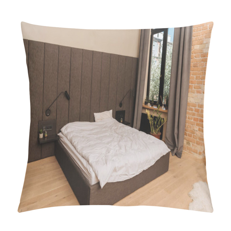 Personality  Spacious Bedroom With Large Bed, Dark Curtains On Window And Potted Plants On Windowsill Pillow Covers