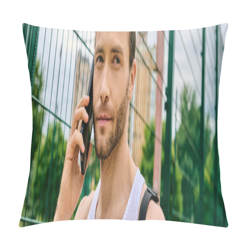 Personality  A Man In A Tank Top Engages In A Phone Conversation After An Outdoor Workout Session Pillow Covers