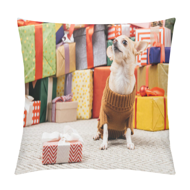 Personality  Close Up View Of Adorable Chihuahua Dog In Sweater Sitting Near Christmas Presents On Floor Pillow Covers