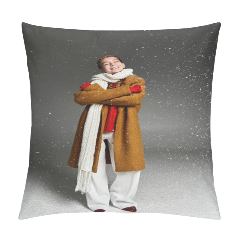 Personality  The Girl Stands Happily In Warm Layers, Embracing Winter Joy Amid Falling Snowflakes. Pillow Covers