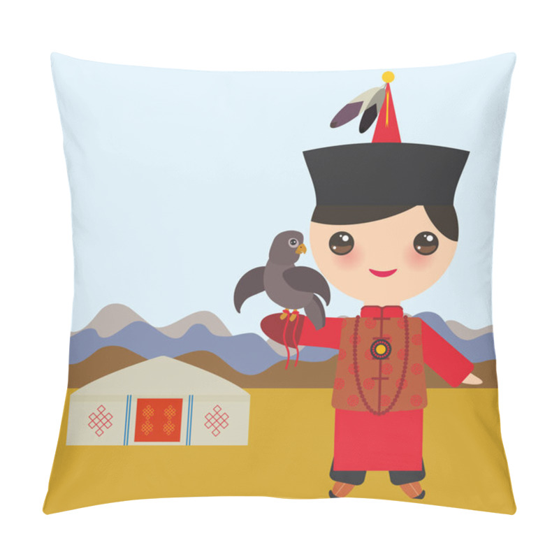 Personality  Mongolian Boy In Red National Costume And Hat. Cartoon Children In Traditional Dress. Hunter, Hunting With An Eagle. Landscape Steppe, Mountains, Sky, Home Yurt. Vector Illustration Pillow Covers