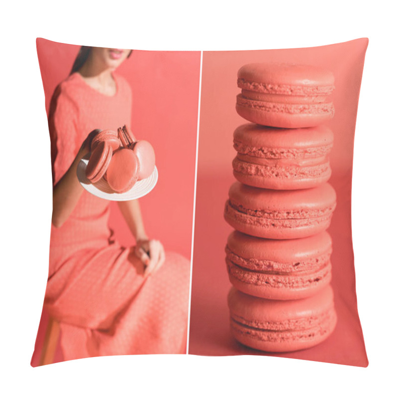 Personality  Collage With Sweet Macaroons And Stylish Woman In Living Coral. Pantone Color Of The Year 2019 Concept Pillow Covers