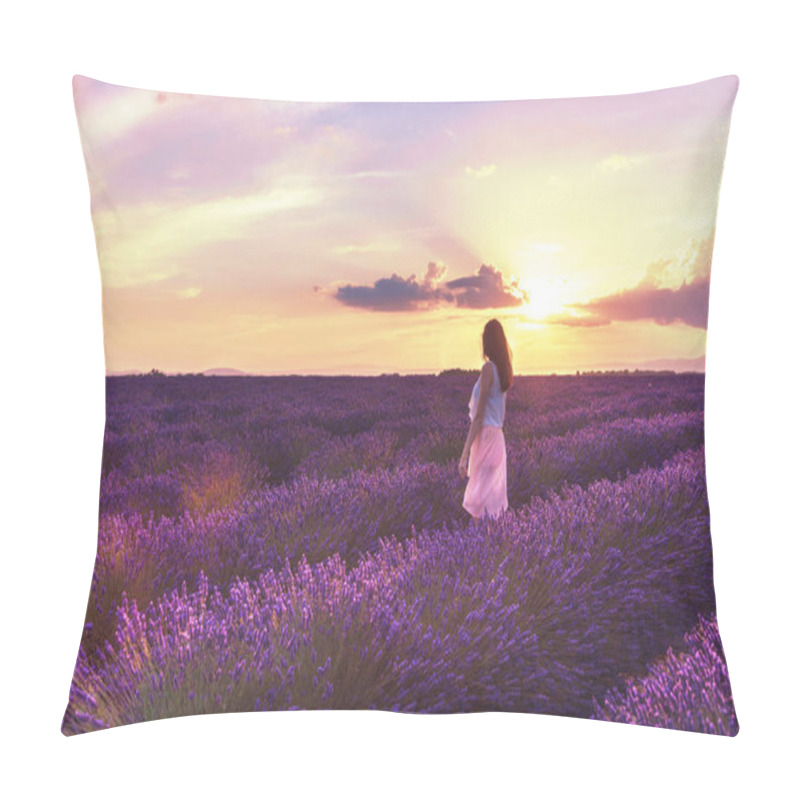 Personality  Walking Women In The Field Of Lavender.Romantic Women In Lavender Fields, Having Vacations In Provence, France.A Girl In White Dress Walking Trough Lavender Fields At Sunset.Girl Admires The Sunset In Lavender Fields Pillow Covers