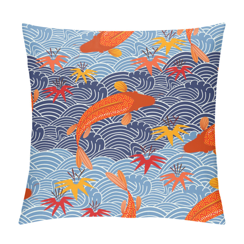 Personality  Seamless Vector Pattern With Japanese Carp Fish On Blue Waves Pillow Covers