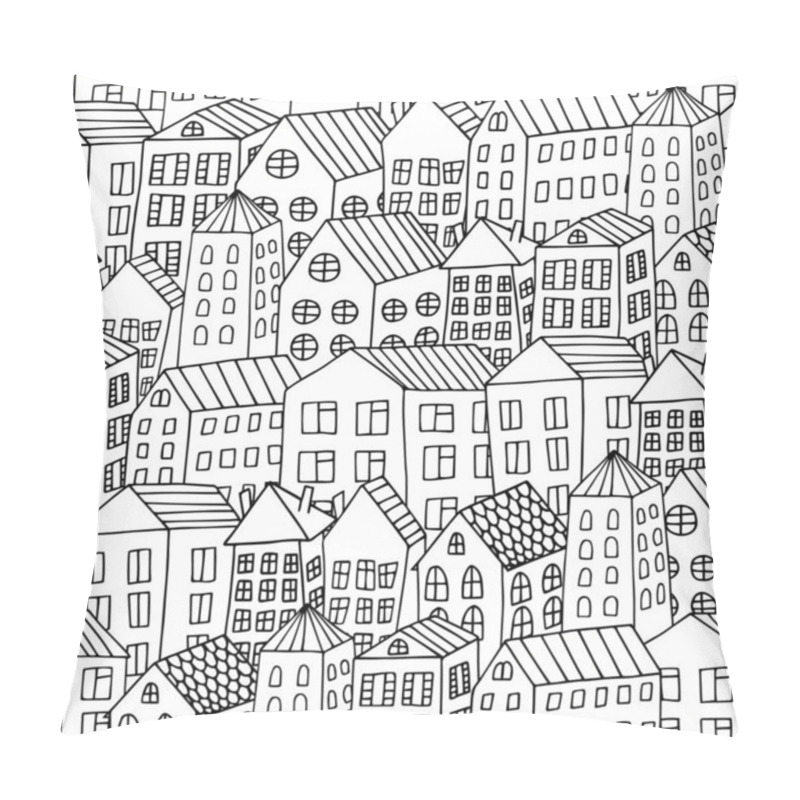 Personality  Cartoon Hand Drawing City Houses Seamless Pattern. Black And White Repeating Background For Coloring. Doodle Houses. Pillow Covers