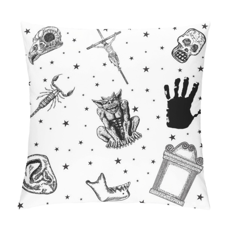 Personality  Occult Set Of Mystic Magic Elements. Occultism With Esoteric And Witchcraft Symbols. Human Palm, Jesus On The Cross, Jaw Bone, Scorpion, Skull, Ear, Hawk Head, Antique Demon With Horns. Vector. Pillow Covers