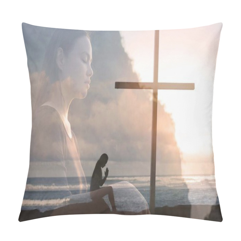 Personality  A Young Lady Doing A Yoga Pose On A Mountain Top Island Beach, During A Orange Sunset. Peaceful Zen. Pillow Covers