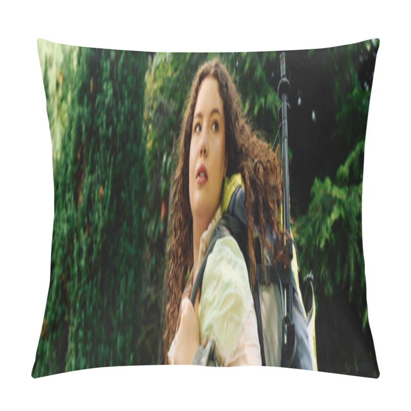 Personality  A Beautiful Plus Sized Woman With Curly Hair Enjoys Her Surroundings In A Lush Forest. Pillow Covers