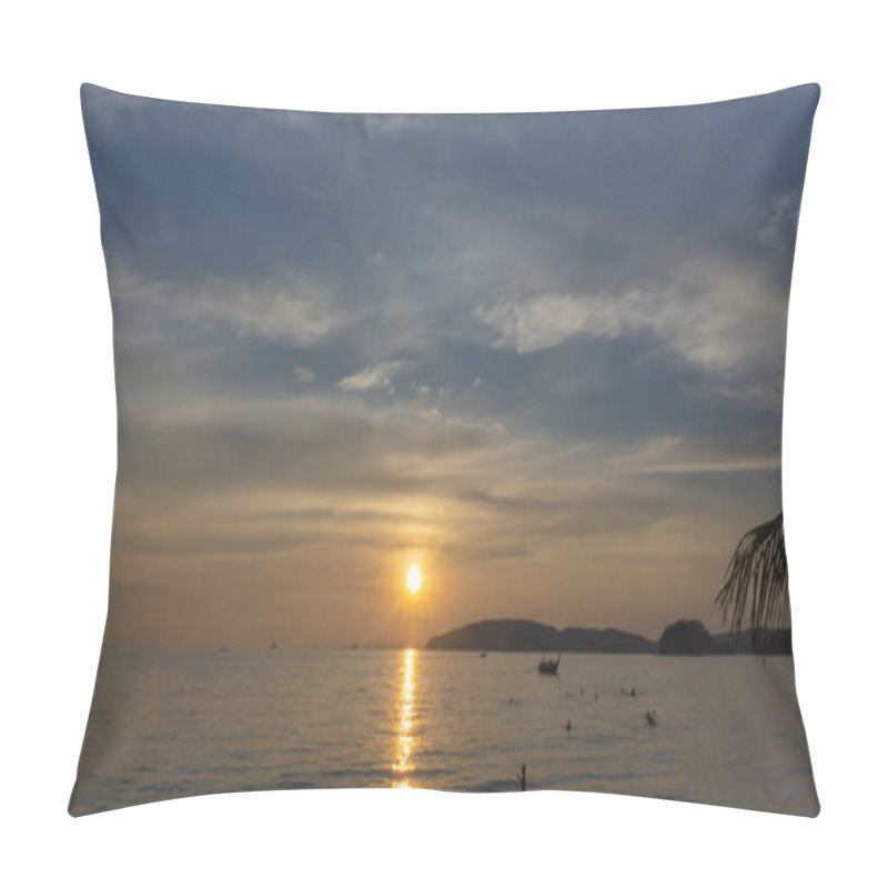 Personality  Beautiful Scenery Sunset With Glowing Orange Light Painted On Cloudy Sky Become To Twilight Dawn, Above The Sea, Long Tail Boat And Black Mountain, People Enjoying Evening Time On A Beach In Krabi, Thailand Pillow Covers