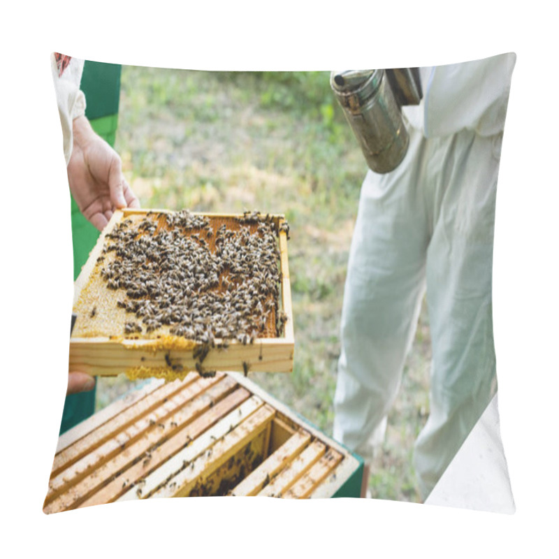 Personality  Partial View Of Beekeepers With Honeycomb Frame And Bee Smoker On Apiary Pillow Covers