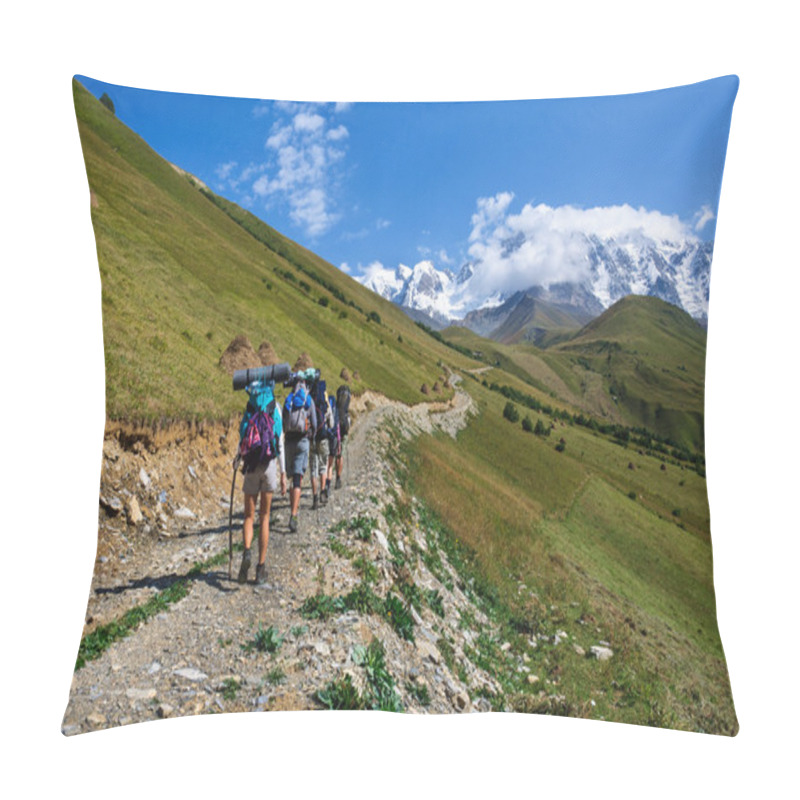 Personality  Group Of Tourists With Large Backpacks Are On Mountain Pillow Covers