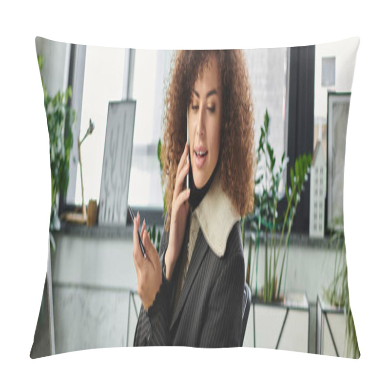 Personality  The Woman Smiles While Engaged In A Phone Conversation, Surrounded By Greenery And Artwork. Pillow Covers