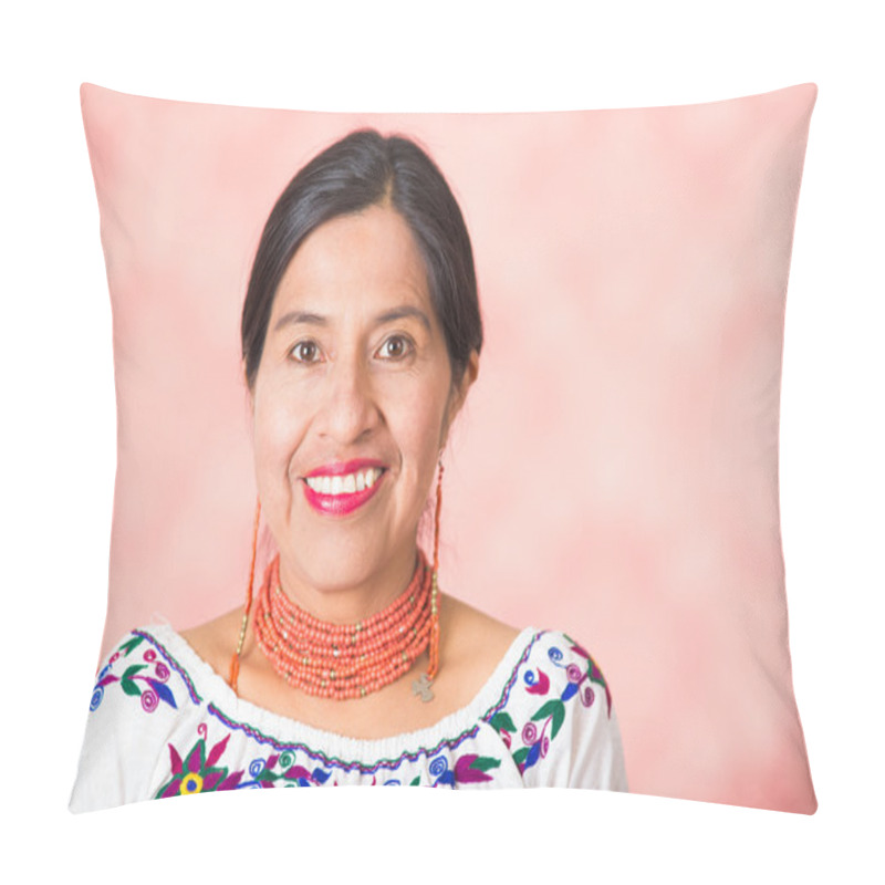 Personality  Headshot Beautiful Hispanic Mother Wearing Traditional Andean Clothing, Posing Happily While Smiling To Camera, Pink Studio Background Pillow Covers