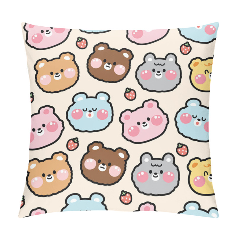 Personality  Seamless Pattern Of Cute Face Bear With Strawberry Cartoon Background.Animal Character Design.Kid Graphic.Kawaii.Vector.Illustration. Pillow Covers