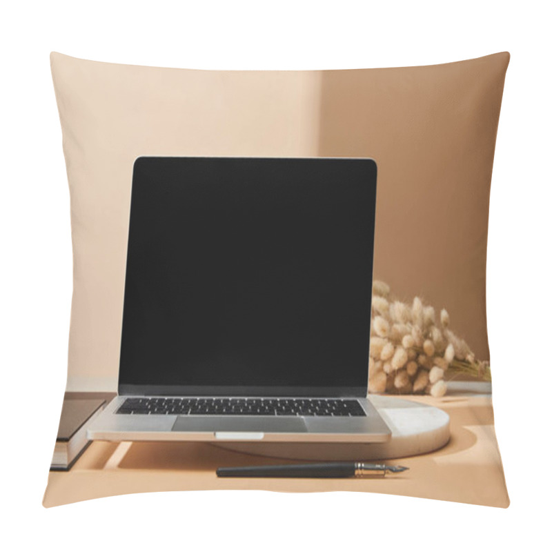 Personality  Laptop With Blank Screen Near Lagurus Spikelets, Notebook And Paintbrush On Beige Background Pillow Covers