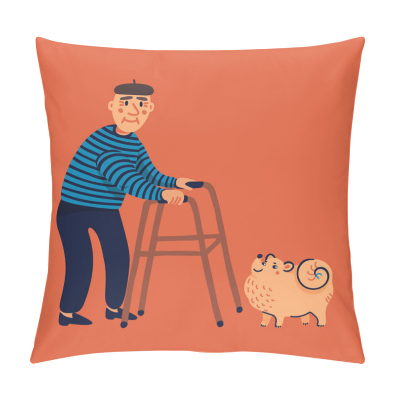 Personality  Old Man Walking With His Dog. Grandfather With A Walker Walking With A Small Dog. Elderly People Lifestyle. Flat Style Vector Illustration. Pillow Covers