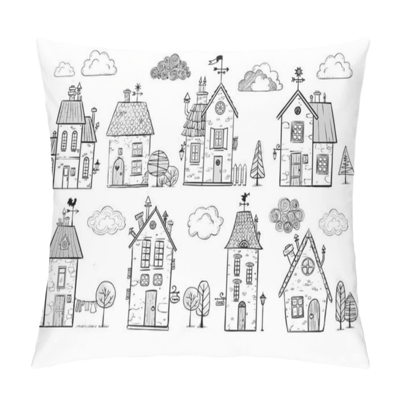 Personality  Cute Doodle Houses On Blackboard Background. Vector Illustration Pillow Covers