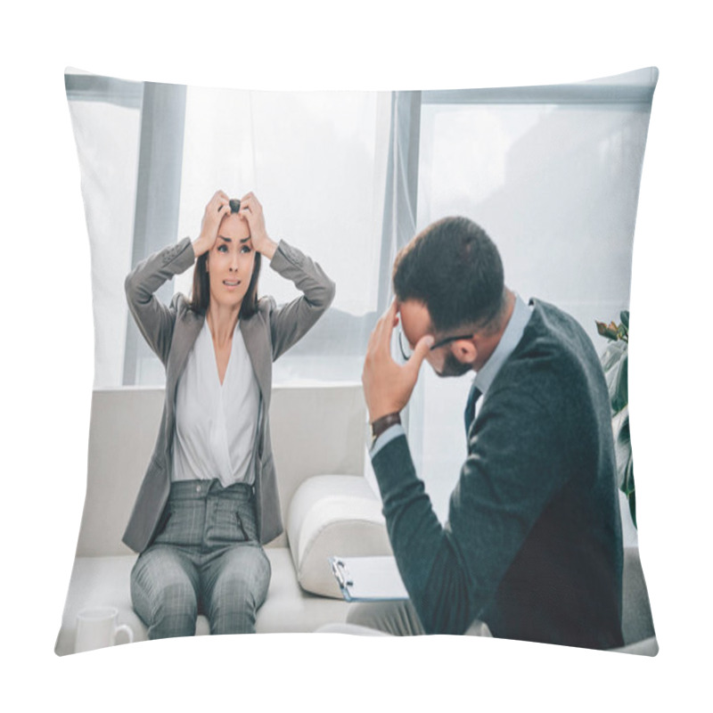 Personality  Depressed Patient Crying And Touching Head In Therapist Office Pillow Covers