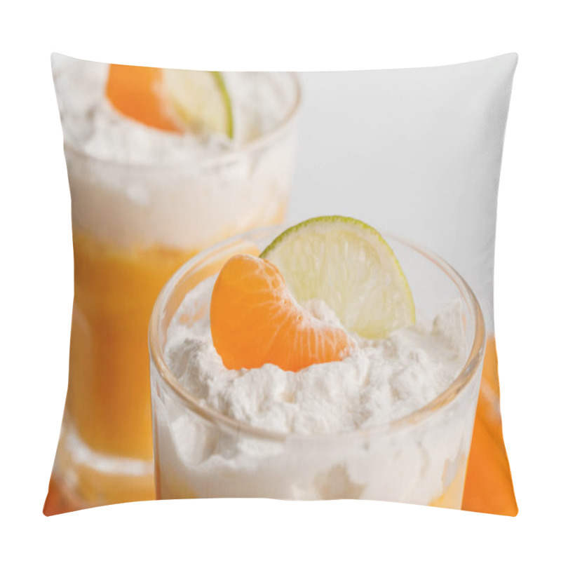 Personality  Close Up Of Two Glasses Of Cream Desserts With Tangerine And Lime Slices Pillow Covers