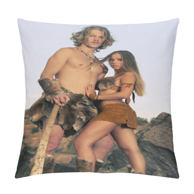 Personality  Primitive Man Standing Near His Woman. Pillow Covers