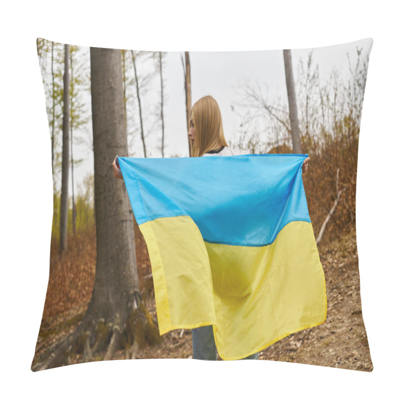 Personality  Back View Of Female Young Blonde Hiker In Sweater Holding National Ukrainian Flag In Forest, Freedom Pillow Covers