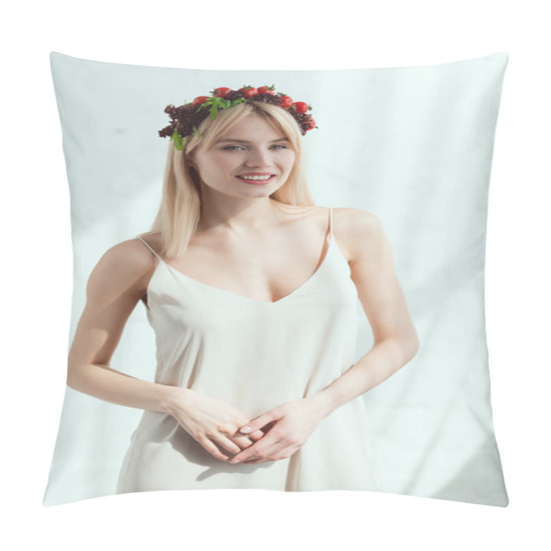 Personality  Portrait Of Smiling Woman In Dress With Wreath Made Of Fresh Lettuce And Cherry Tomatoes, Vegan Lifestyle Concept Pillow Covers