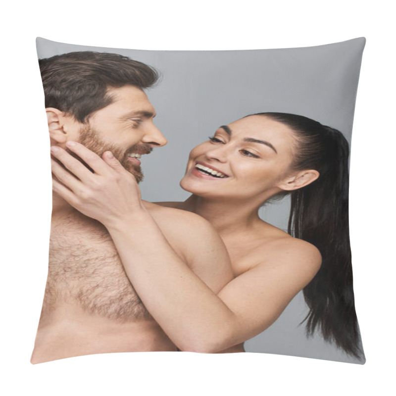 Personality  A Man And A Woman Smile Together In A Joyful Pose, Exuding Happiness. Pillow Covers