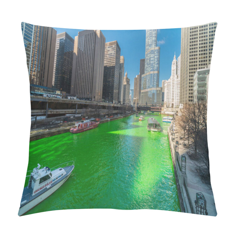 Personality  CHICAGO, USA - MAR 2019 :  Unrecognizable People And Tourist On The Yacht Running Over The Chicago River Walk In Saint Patrick's Day With Green Color River On March 16, 2019, In Chicago, Illinois, USA Pillow Covers