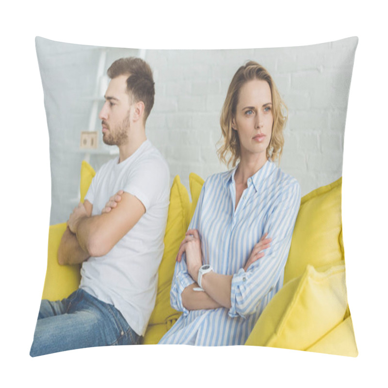 Personality  Upset Couple Sitting On Yellow Couch After Argue  Pillow Covers