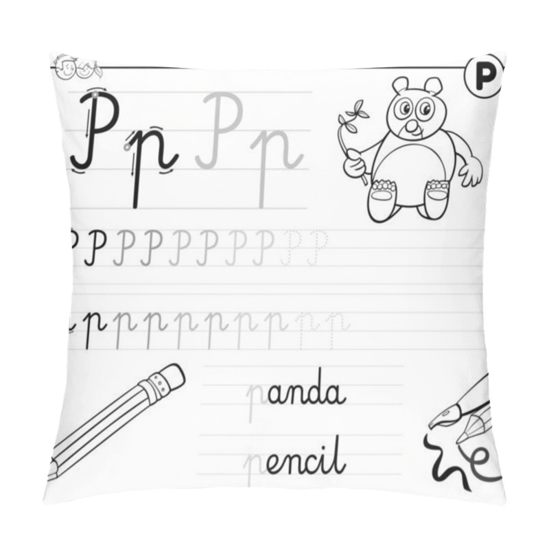 Personality  Black And White Cartoon Illustration Of Writing Skills Practice Worksheet With Letter P For Preschool And Elementary Age Children Coloring Book Pillow Covers