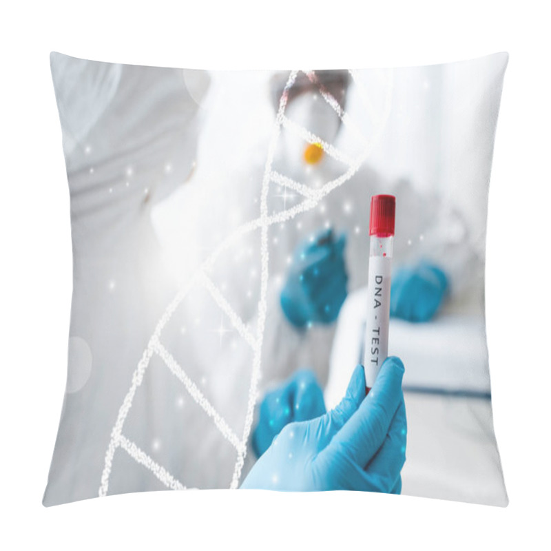 Personality  Selective Focus Of Scientist And Her African American Colleague Doing Dna Test Near Dna Illustration  Pillow Covers