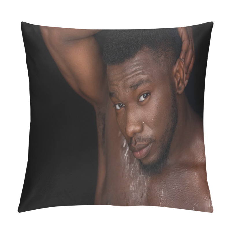 Personality  Sweaty Bare Chested Young African American Man Posing And Looking At Camera Isolated On Black  Pillow Covers