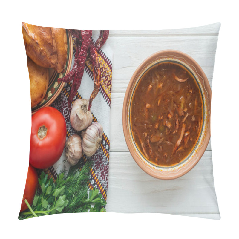 Personality  Top View Of Tasty Traditional Mixed Meat Soup With Mini Pies And Ingredients On White Wooden Background Pillow Covers