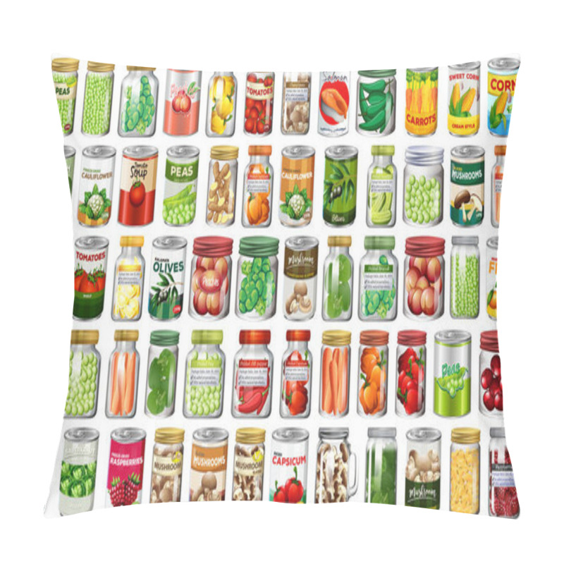 Personality  Set Of Different Canned Food And Food In Jars Isolated Illustration Pillow Covers