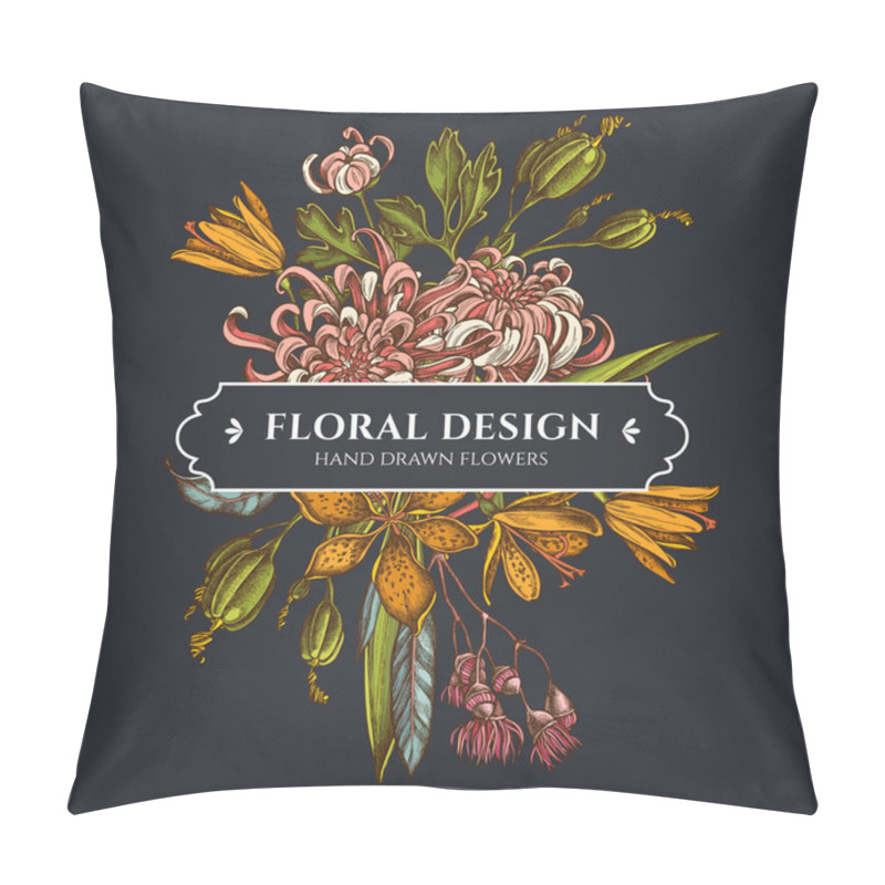 Personality  Floral Bouquet Dark Design With Japanese Chrysanthemum, Blackberry Lily, Eucalyptus Flower Pillow Covers