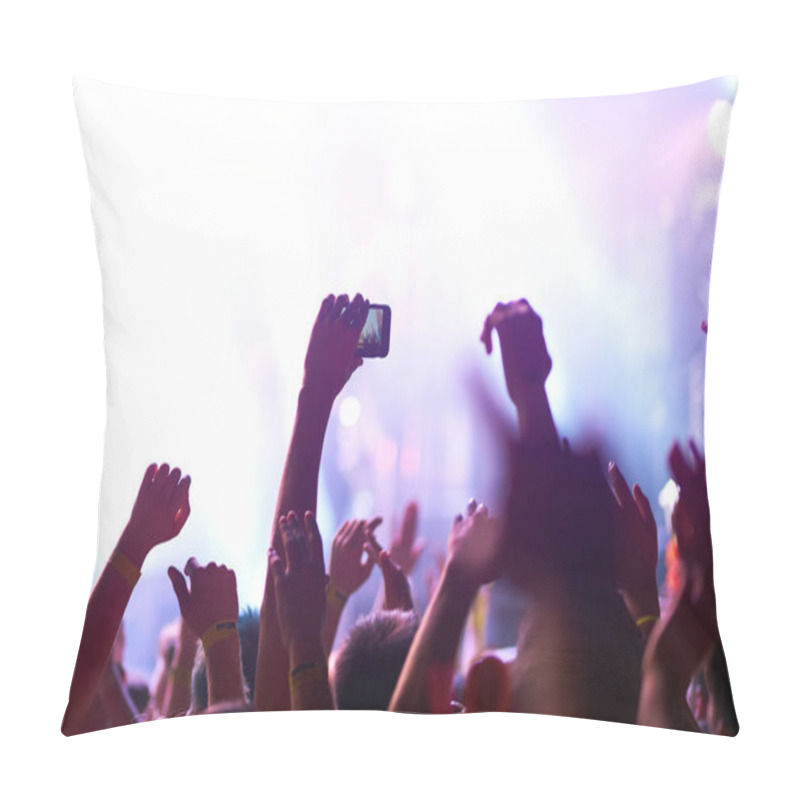 Personality  Audience With Hands Raised At A Music Festival And Lights Streaming Down From Above The Stage. Crowd Raising Their Hands, Dancing And Enjoying Great The Concert. Pillow Covers