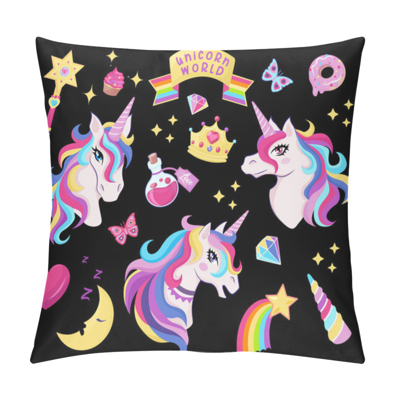 Personality  Magic Unicorn Icon Set With Magic Wand, Stars With Rainbow, Diamonds, Crown, Crescent, Heart, Butterfly, Decor For Girl Birthday, Vector Pillow Covers