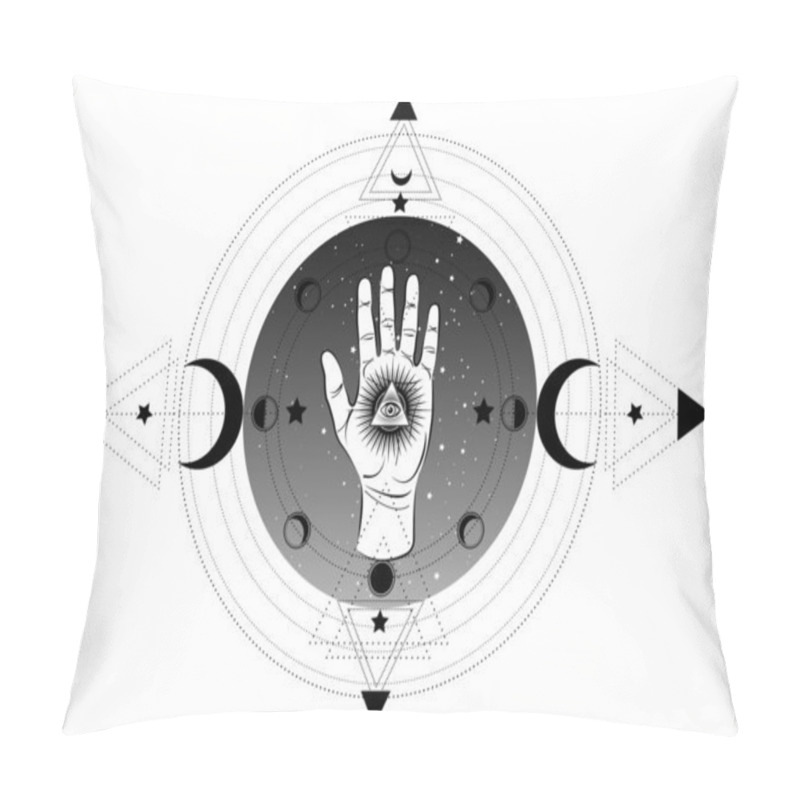 Personality  Third Eye Hand Esoteric Spiritual Icon. Sacred Pyramid Of Knowledge, An All-seeing Eye. Mystical Geometry  The Moon Phases. Masonic Symbol Eye Inside Triple Moon Pagan Wicca Moon Goddess Icon Isolated Pillow Covers