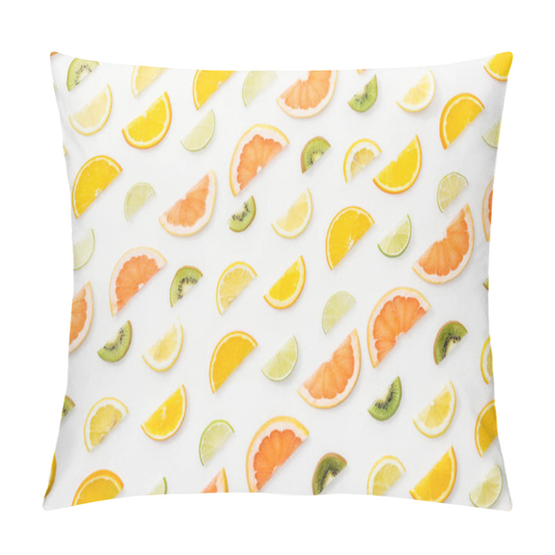 Personality  Flat Lay With Juicy Cut Fruits On White Surface Pillow Covers