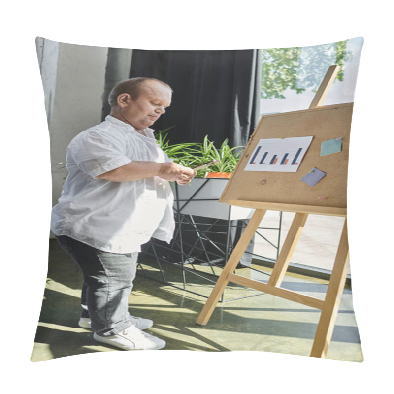 Personality  A Man With Inclusivity Stands In Front Of A Board In An Office, Presenting Data. Pillow Covers