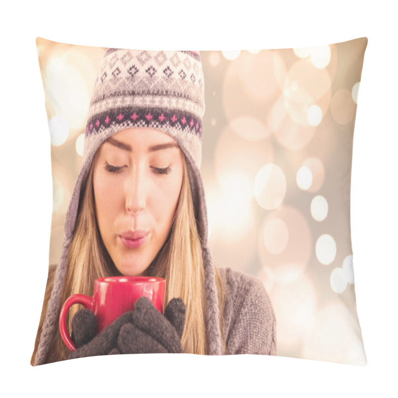 Personality  Happy Blonde In Winter Clothes Holding Mug Pillow Covers