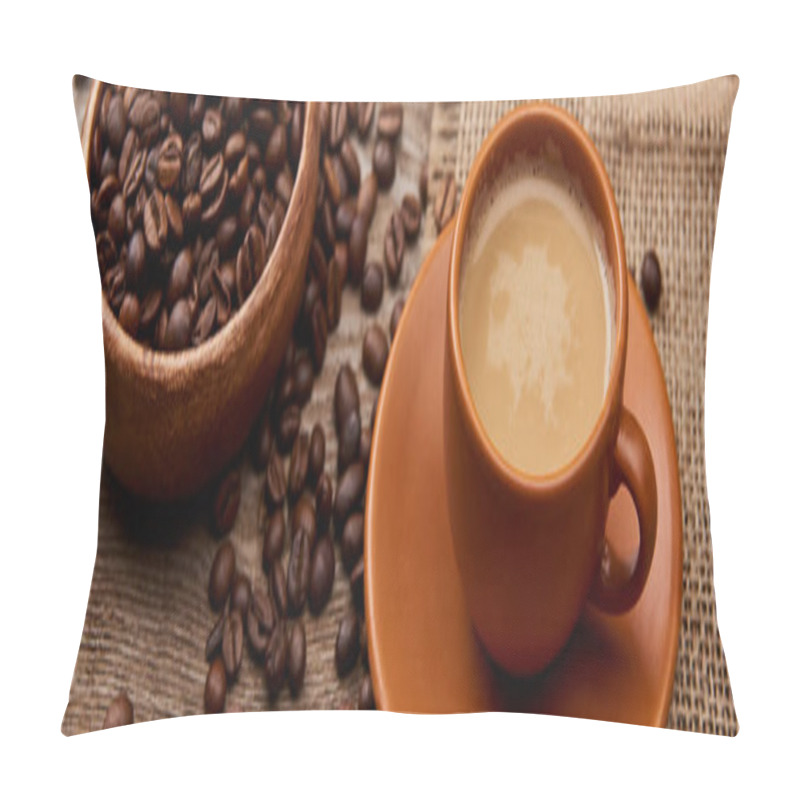 Personality  Panoramic Shot Of Coffee Beans In Bowl Near Cup Of Coffee On Wooden Background Pillow Covers