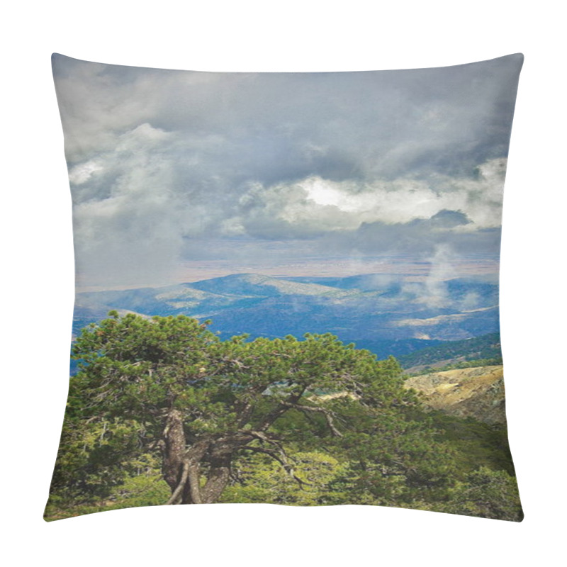 Personality  A Breathtaking View From Mount Olympos In The Troodos Mountains, Cyprus, Showcasing Rugged Peaks, Lush Green Forests, And Dramatic Clouds. This Serene And Majestic Landscape Captures The Natural Beauty And Tranquility Of The Mediterranean Highlands. Pillow Covers