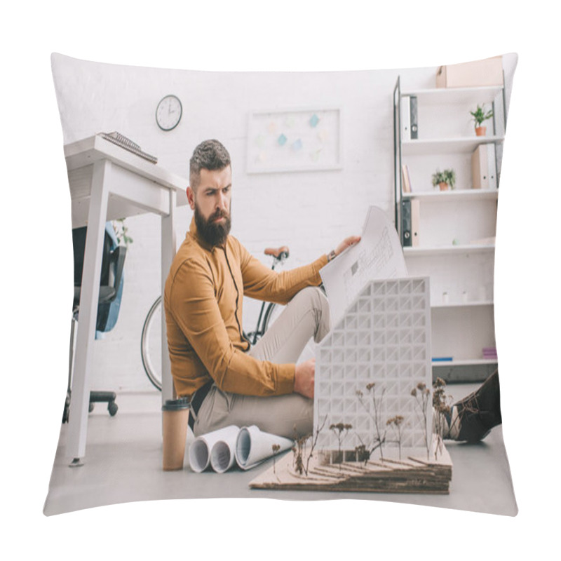 Personality  Serious Bearded Adult Male Architect Holding Blueprint And Working On Project In Office  Pillow Covers