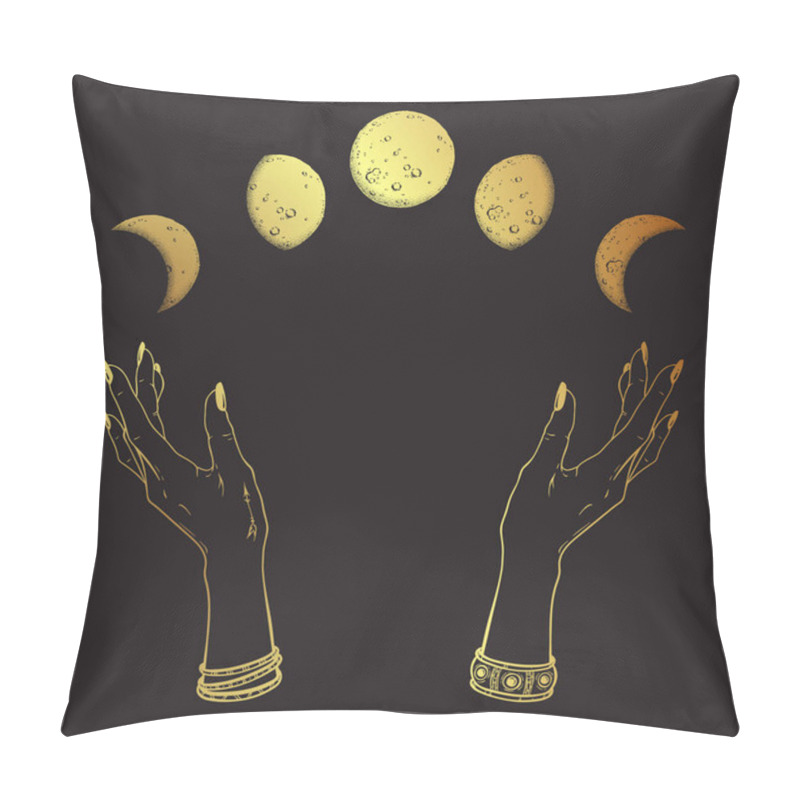 Personality  Hand Drawn Line Art And Dot Work Gold Moon Phases In Hands Of Witch Isolated. Boho Chic Flash Tattoo, Poster, Altar Veil Or Tapestry Print Design Vector Illustration Pillow Covers