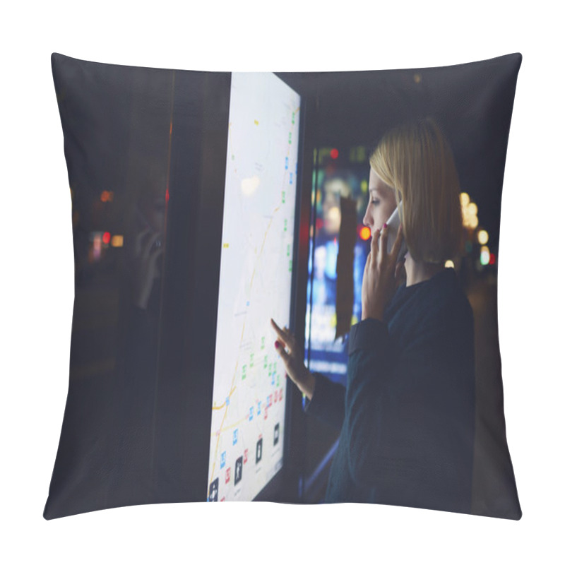 Personality  Woman Touching Digital Display On Bus Stop Pillow Covers