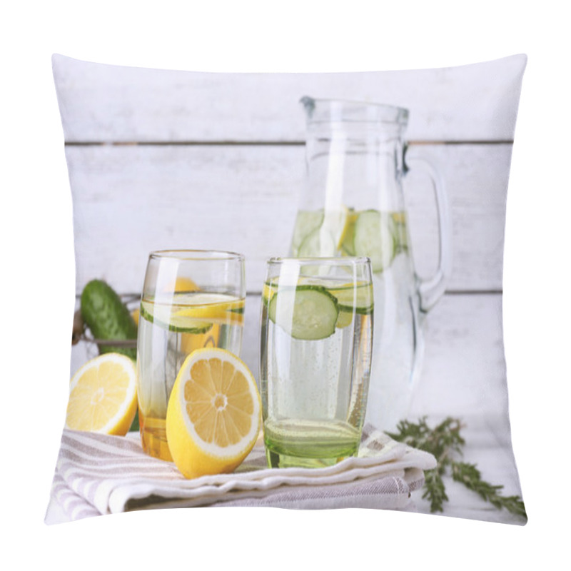 Personality  Fresh Water With Lemon And Cucumber In Glassware On Wooden Background Pillow Covers