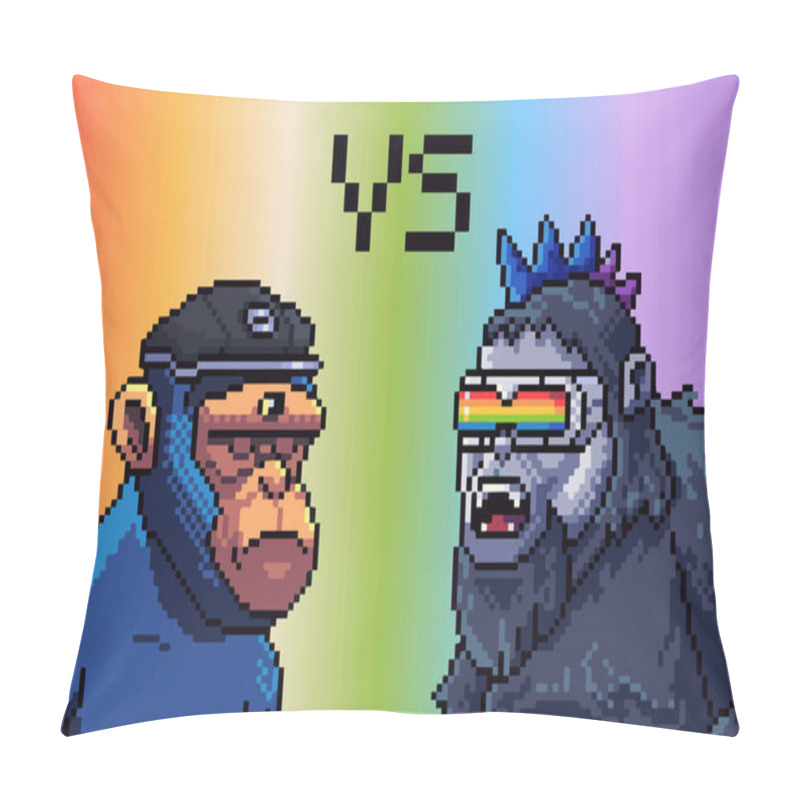 Personality  Galactic Apes Pixel Art NFT Character. 16 Bit Gorilla On Rainbow Background. Vibrant Colorful Animal Fighting Game Asset. Portrait Avatar Flat Illustration Pillow Covers