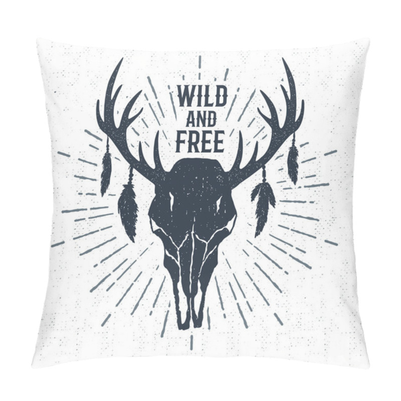 Personality  Hand Drawn Label With Deer Skull Vector Illustration And Lettering. Pillow Covers